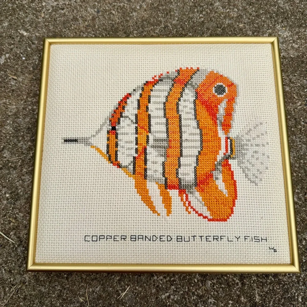 Vintage‎ Copper Banded Butterfly Fish Cross Stitch Framed Wall Art Gold 10x10
